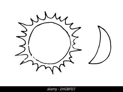 Sole e luna. Bellissimo oggetto spazio. Semplice disegno di scarabocchio in stile infantile. Schizzo di contorno. Il disegno a mano è isolato su sfondo bianco. Vettore Illustrazione Vettoriale