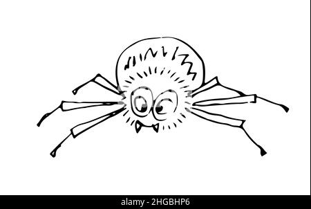 Ragno divertente. Allegro animale selvatico. Un carattere comico. Schizzo di contorno. Il disegno a mano è isolato su sfondo bianco. Vettore Illustrazione Vettoriale