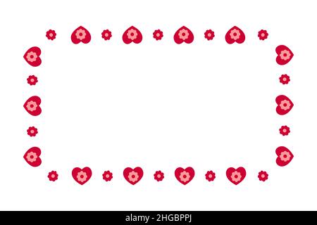 Cornice rettangolare con cuori e fiori. Modello per biglietto di invito per San Valentino, foto, foto, banner. Illustrazione piatta vettoriale isolata su sfondo bianco. Illustrazione Vettoriale
