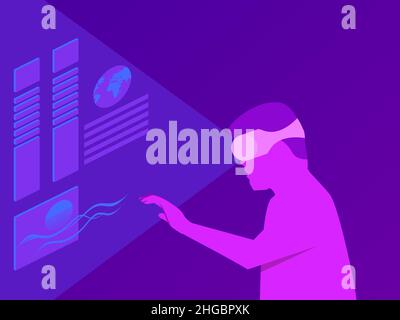 Uomo che indossa occhiali di realtà virtuale nel metaverse. Immissione dello spazio virtuale nell'auricolare. Tecnologia VR. Controllo manuale della realtà virtuale. Purpl Illustrazione Vettoriale