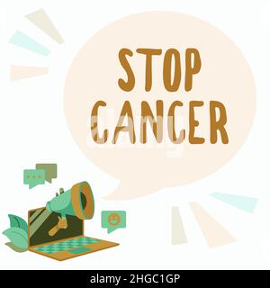 Didascalia di testo che presenta Stop Cancer. Approccio aziendale prevenire la crescita incontrollata di cellule anormali nel corpo laptop disegno condividere commenti Foto Stock