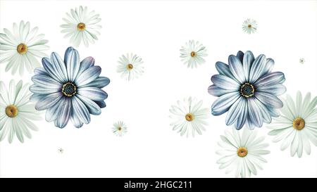 Animazione volare di boccioli di fiori realistici su sfondo nero. Animazione senza giunture di grafica colorata con motivo floreale di sfondo Foto Stock