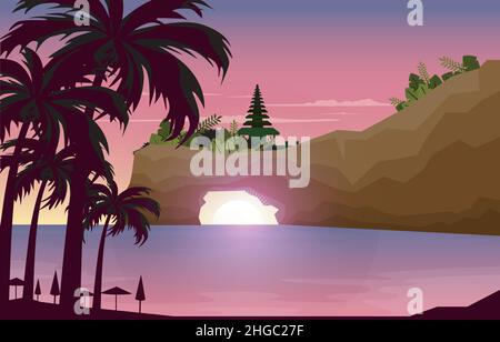 Bella Sunset Tanah Lot Beach Bali Cliff Landscape View Illustrazione Illustrazione Vettoriale