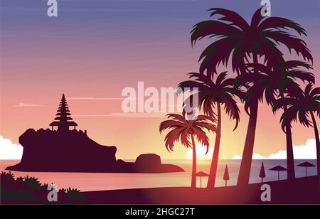 Bella Sunset Tanah Lot Beach Bali Cliff Landscape View Illustrazione Illustrazione Vettoriale