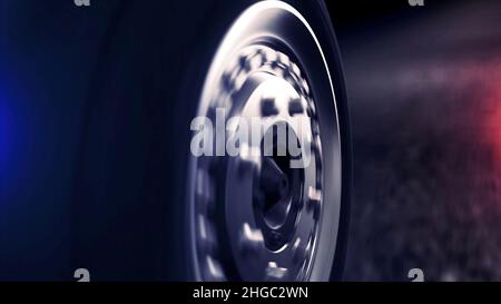 Vista laterale della ruota astratta dell'auto che torna su strada nera. Primo piano per ruota con disco argento che torna su asfalto nero astratto Foto Stock