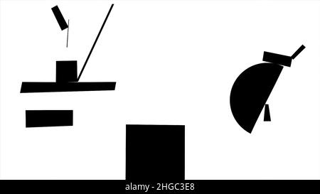 Suprematism geometric white shapes moving and falling down on black background, monochrome. Combination of different geometrical figures moving, abstr Foto Stock