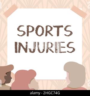 Testo che mostra Inspiration Sports Injuries. Vetrina aziendale tipi di lesioni che si verificano durante lo sport o i membri del team di esercizio che guardano la lavagna bianca Foto Stock