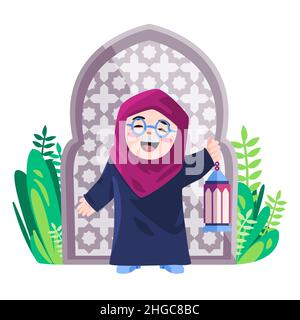 Ragazza saluto ramadan mubarak celebrazione IED Islam di fronte alla moschea cancello bambini felice indossare il velo hijab Illustrazione Vettoriale