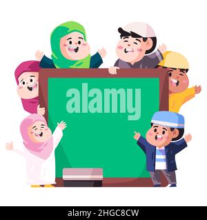 musulmani islam bambini benvenuto torna alla scuola modello verde lavagna saluto di benvenuto Illustrazione Vettoriale