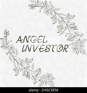 Segno che mostra Angel Investor. Parola scritta su high net degno individuo che fornisce sostegno finanziario cornice bianca decorata con Abstract Foto Stock