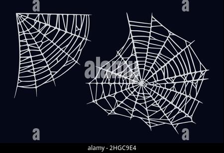 Spider web set isolato su sfondo nero. Spooky Halloween cobbwes. Illustrazione del vettore Handrawn Illustrazione Vettoriale