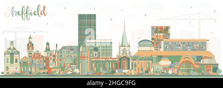 Sheffield UK City Skyline con edifici a colori. Illustrazione vettoriale. Sheffield South Yorkshire paesaggio urbano con punti di riferimento. Illustrazione Vettoriale