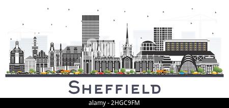 Sheffield UK City Skyline con edifici a colori isolati su White. Illustrazione vettoriale. Sheffield South Yorkshire paesaggio urbano con punti di riferimento. Illustrazione Vettoriale