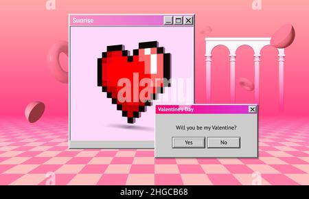 Biglietto di auguri per San Valentino in stile Vaporwave con finestra di dialogo che fa una domanda romantica. Pixel cuore su pavimento a scacchi in paesaggio surreale Illustrazione Vettoriale