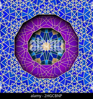 Ornamento arabo con motivi di girih e elemento di cornice rotonda con stella. Sfondo islamico astratto con modello geometrico tradizionale Illustrazione Vettoriale