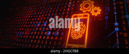 Cybersicurezza del codice di circuito binario digitale sul rendering del telefono cellulare 3D Foto Stock