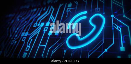 Tecnologia di comunicazione blu con il simbolo del telefono come luce al neon. Icona colorata e vibrante, su sfondo nero con pavimento ad alta tecnologia. 3D rendering Foto Stock