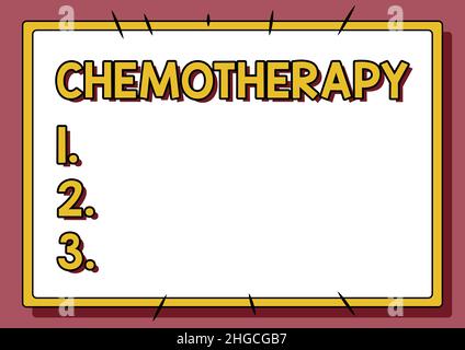 Chemioterapia con sottotitoli concettuali. Business Concept il trattamento delle malattie mediante l'uso di sostanze chimiche linea di background illustrati con vari Foto Stock