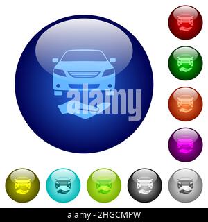 Icone solide dei servizi auto su pulsanti in vetro rotondo in più colori. Struttura di livello disposta Illustrazione Vettoriale