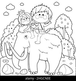 Paesaggio preistorico con bambini a cavallo di una mammut. Pagina da colorare in bianco e nero. Foto Stock
