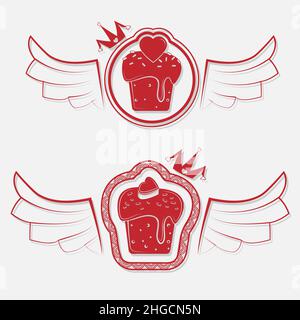 torta di cupcake cuore ali cappuccio icona su sfondo bianco isolato Illustrazione Vettoriale
