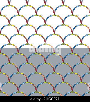 Ripetizione senza giunture a semicerchio. Griglia geometrica a forma di catena astratta. Colori arcobaleno. Sfondo a colori modificabile WTE o Gray. Vettore Illustrazione Vettoriale