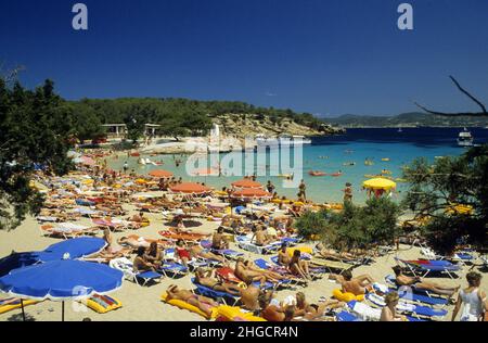 Spagna Isole Baleares ibiza paradisiaco insenatura Cala bassa san antonio Foto Stock