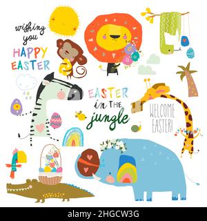 Cartoon ambientato con gli animali carino che celebrano la Pasqua nella giungla Illustrazione Vettoriale