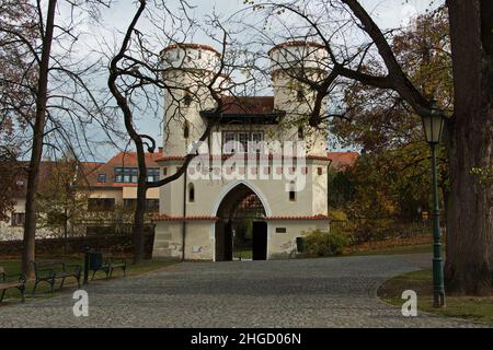 Torri all'ingresso del parco del castello di Vlsim, Repubblica Ceca Foto Stock