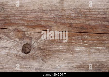 Vecchio sfondo rustico marrone umido in legno con un nodo. Foto Stock