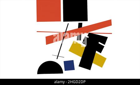 Suprematism geometric shapes moving and rotating on white background. Combination of different geometrical figures moving and spinning, abstract art c Foto Stock