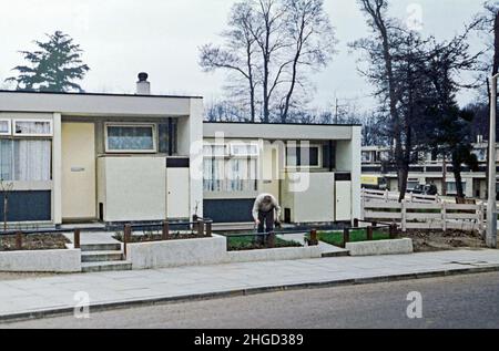 Una fotografia del 1960s di case a piano singolo in Danebury Avenue, Roehampton, Londra, Inghilterra, Regno Unito rivolta a residenti anziani in pensione. La zona fa parte della tenuta di Alton. Roehampton, un sobborgo di Londra sud-occidentale, ha un certo numero di grandi proprietà del consiglio. Il London County Council (LCC) costruì la tenuta Roehampton nel 1920s-30s e la tenuta Alton nel 1950s. L'Alton Estate, una delle più grandi del Regno Unito, ha un mix di architettura modernista bassa e alta che consiste sia di influenza scandinava che brutalista – una fotografia d'epoca del 1960s. Foto Stock