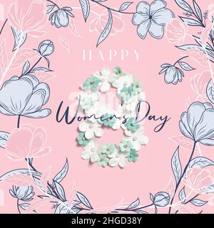 Biglietto di auguri per il giorno delle donne con sfondo di fiori disegnati a mano. Illustrazione Vettoriale