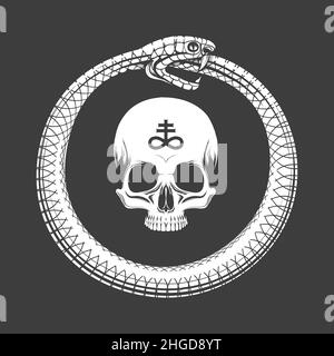 Emblema esoterico di Ouroboros Snake e cranio all'interno isolato su nero. Illustrazione vettoriale. Illustrazione Vettoriale
