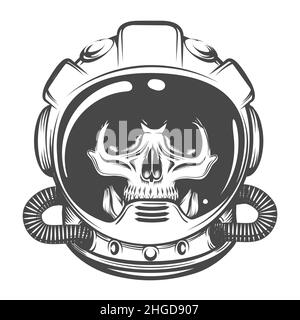 Tatuaggio del cranio in casco astronauta isolato su bianco. Illustrazione vettoriale. Illustrazione Vettoriale