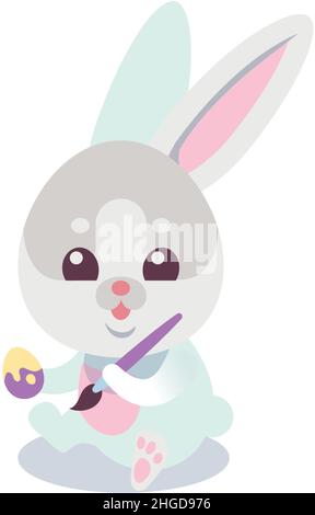 Carino coniglietto pittura uova. Preparazione pasquale in stile cartone animato Illustrazione Vettoriale