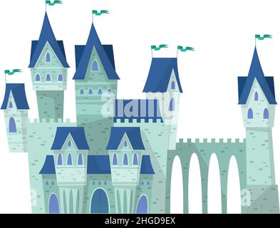Castello fiabesco con torri e ponte in pietra in stile cartone animato Illustrazione Vettoriale