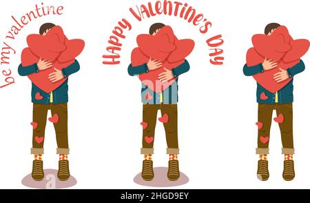 Biglietto di auguri per San Valentino con ragazzo in jeans hipster che tengono cuori e tipografia Illustrazione Vettoriale