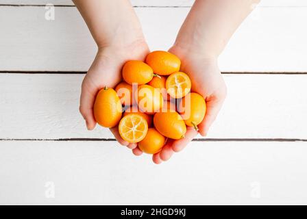 Sopra la vista delle mani del bambino che tengono i kumquats o i cumquats (Citrus japonica) su sfondo bianco del bordo di legno. Sano concetto di cornice di agrumi alimentari bordo. Foto Stock