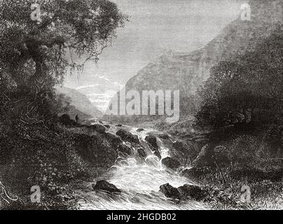 Foce del fiume Escopal, riva sinistra del fiume Ccoñi, Perù meridionale. Sud America. Vecchia illustrazione incisa del 19th secolo da Journey Across South America di Paul Marcoy, le Tour du Monde 1870 Foto Stock