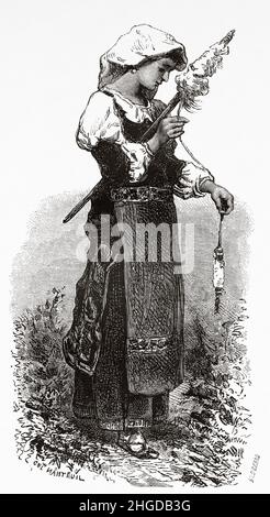 Giovane contadino che gira vestito con abito tradizionale, Roma. Italia, Europa. Antica illustrazione incisa del 19th secolo da Trip to Rome di Francis Wey, le Tour du Monde 1870 Foto Stock