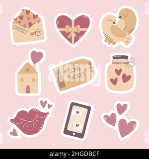 Set di adesivi Vector disegnati a mano con le valentine. Illustrazione Vettoriale