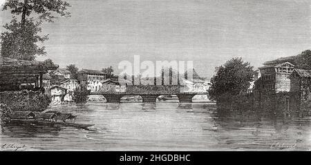 Ponte sul fiume Jhelum, Srinagar, Kashmir. India, Asia. Vecchia illustrazione incisa del 19th secolo da viaggio a Punjab e Kashmir di Guillaume Lejean, le Tour du Monde 1870 Foto Stock