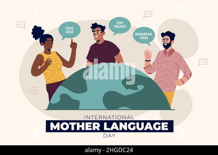 Piatto internazionale lingua madre giorno sfondo Vector illustrazione. Illustrazione Vettoriale