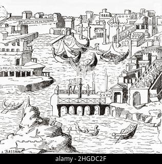 Roma antica. Porto dall'epoca dell'Impero Romano. Vecchia illustrazione incisa del 19th secolo da la Nature 1884 Foto Stock