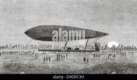 Il mongolfiera aerostatico elettrico di Renard e Krebs, Francia. Europa. Vecchia illustrazione incisa del 19th secolo da la Nature 1884 Foto Stock