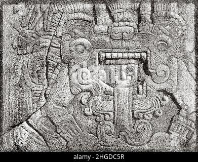 Le scoperte di Augusto Henry Julian le Plongeon (1826-1908) furono un archeologo e fotografo britannico-americano che studiò le rovine precolombiane dell'America, in particolare quelle della civiltà Maya nella penisola settentrionale di Yucatán, Messico, Sud America. Vecchia illustrazione incisa del 19th secolo da la Nature 1884 Foto Stock