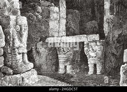 Le scoperte di Augusto Henry Julian le Plongeon (1826-1908) furono un archeologo e fotografo britannico-americano che studiò le rovine precolombiane dell'America, in particolare quelle della civiltà Maya nella penisola settentrionale di Yucatán, Messico, Sud America. Vecchia illustrazione incisa del 19th secolo da la Nature 1884 Foto Stock