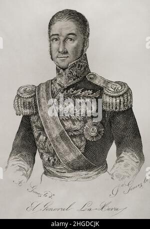 José Santos de la Hera y de la Puente (1792-1859). 1st Conte di Valmaseda e 1st Visconte di Portugalete. Militare spagnolo. Faceva parte dell'esercito spagnolo nel viceré del Perù, dove combatté contro il processo di insurrezione dell'indipendenza dal 1810 in poi. Nel 1834 tornò in Spagna combattendo da parte liberale durante la prima guerra dei carlist. Verticale. Illustrazione di Antonio Gómez. Incisione di José Gómez. Panorama Español, Crónica Contemporánea. Volume III. Madrid, 1845. Autore: Antonio Gómez y Cros (1808-1863). Artista spagnolo. José Gómez (fl. 1842-1867). Incisore spagnolo. Foto Stock