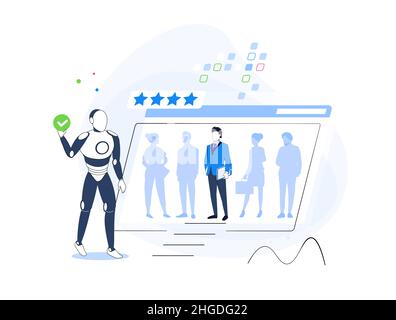 HR ai come risorse umane robot scansione CV per assumere minuscolo persona concetto. Tecnologie moderne alla ricerca di lavoro, e vettore di candidati vacanti Illustrazione Vettoriale
